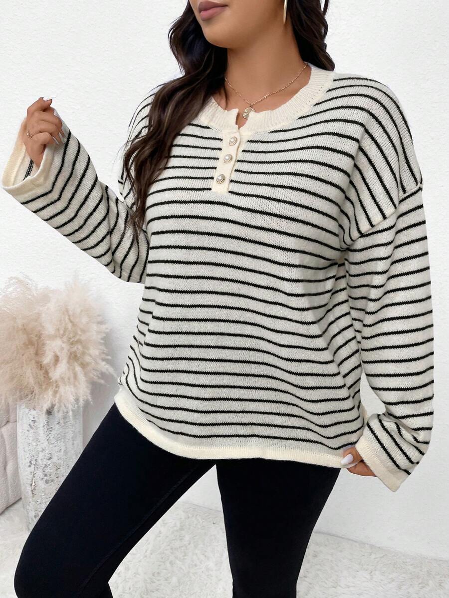 SHEIN Frenchy Hơn Mẫu sọc Nút Nửa Thả vai Áo len - Nhiều màu - Xem 1