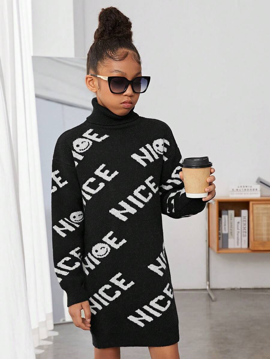 SHEIN Cô gái Tween Mẫu chữ Áo cao cổ Thả vai Đầm Áo len - màu đen - Xem 1