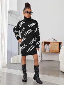 SHEIN Cô gái Tween Mẫu chữ Áo cao cổ Thả vai Đầm Áo len - màu đen - Xem 3