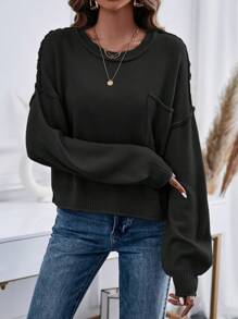 Chiquease Solid Drop Shoulder Pocket Patched Knit Pullover Fall Winter Sweater - Black - View 6