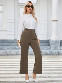 SHEIN Privé Solid Slant Pocket Flare Leg Suit Pants - Khaki - View 4