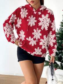 SHEIN EZwear Capucha copo de nieve con parche con bolsillo de canguro con cordón - Rojo - Ver 3