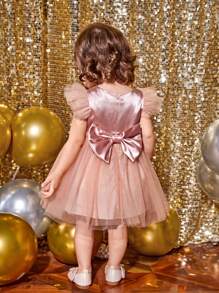 SHEIN 女嬰荷葉邊網紗覆蓋派對禮服 - 杏色 - 查看 2