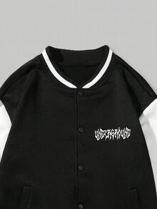 ROMWE MEN Street Life Hombre Chaqueta Universitaria Con Hombro Bajo, Gráfico De Carta, Ribete De Rayas - Blanco y Negro - Ver 3