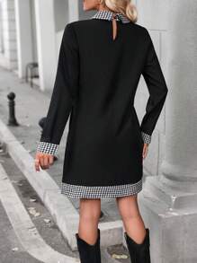 SHEIN LUNE 千鳥格印花拼接領直筒洋裝 - 黑色 - 查看 2