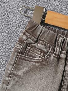 SHEIN 男孩斜口袋彈性腰帶牛仔褲 - 咖啡棕 - 查看 5