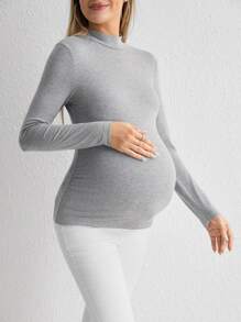 SHEIN 孕婦小高領修身T恤 - 灰色 - 查看 1