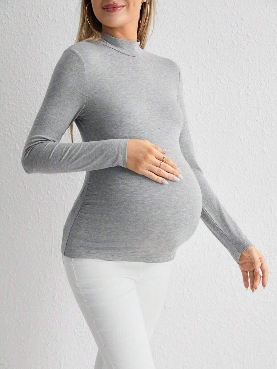 SHEIN 孕婦小高領修身T恤 - 灰色 - 查看 1