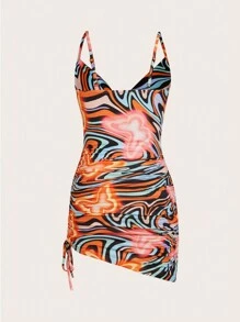 SHEIN ICON Butterfly Print Drawstring Side Draped Collar Cami Dress - Orange - View 2