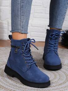 秋冬女士蓝色工装高帮英伦风靴子，适合四季，女靴 - 藍色 - 查看 2