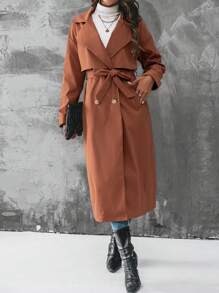 Chiquease Lapel Neck Double Breasted Belted Trench Coat - Brown - View 4
