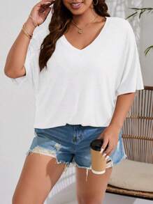 INAWLY Plus Solid Batwing Sleeve Tee - White - View 6
