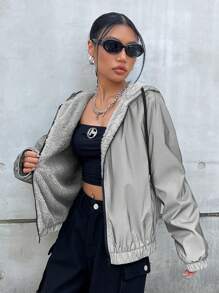 SHEIN EZwear Zip Up Drawstring Hooded Reflective Jacket In Fall/Winter - Grey - View 6