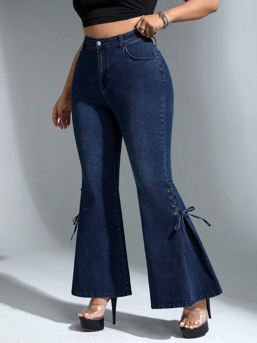 SHEIN ICON 大碼側邊綁帶牛仔喇叭褲 - 藍色 - 查看 1