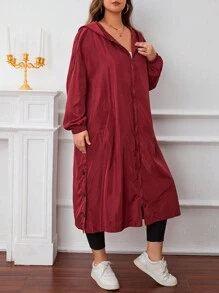 SHEIN Essnce 大碼拉鏈開襟按扣連帽防風夾克 - 酒紅色 - 查看 3