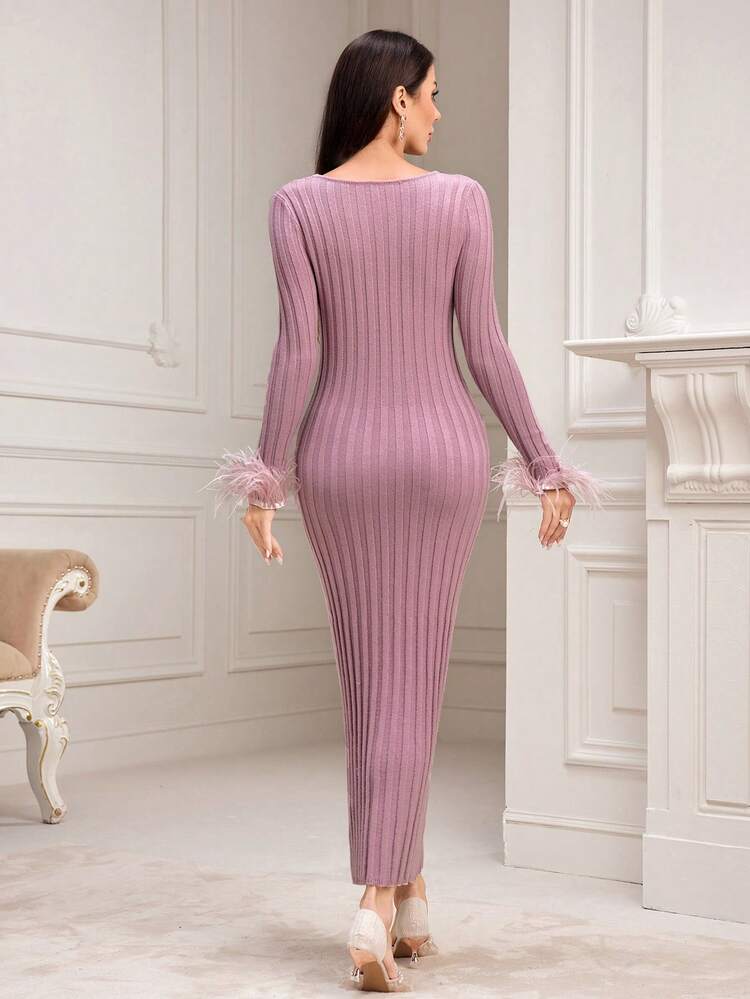 Women's Solid Color Square Neck Long Sleeve Furry Cuff Fitted Elegant Sweater Dress