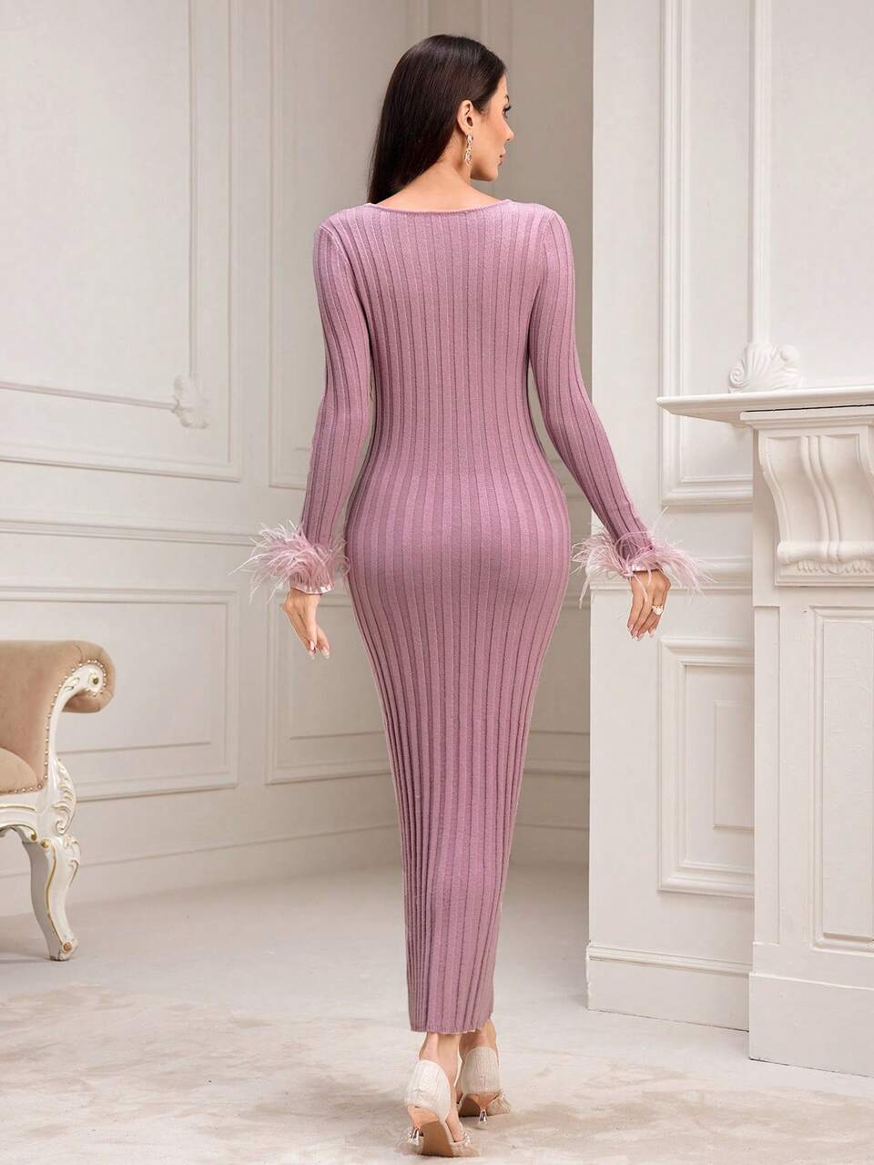 Women's Solid Color Square Neck Long Sleeve Furry Cuff Fitted Elegant Sweater Dress