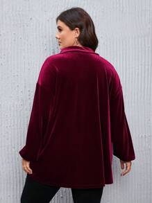 SHEIN LUNE 大碼落肩袖絲絨襯衫 - 酒紅色 - 查看 2