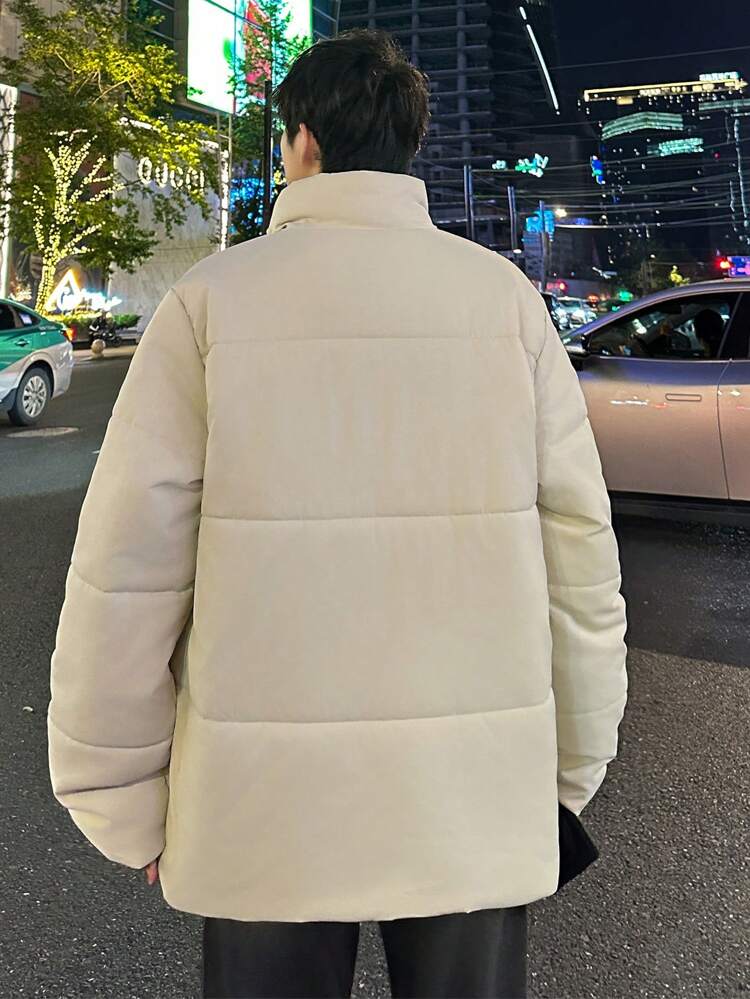 Loose Fit Men's Letter Graphic Zipper Up Padded Coat, For Fall Winter