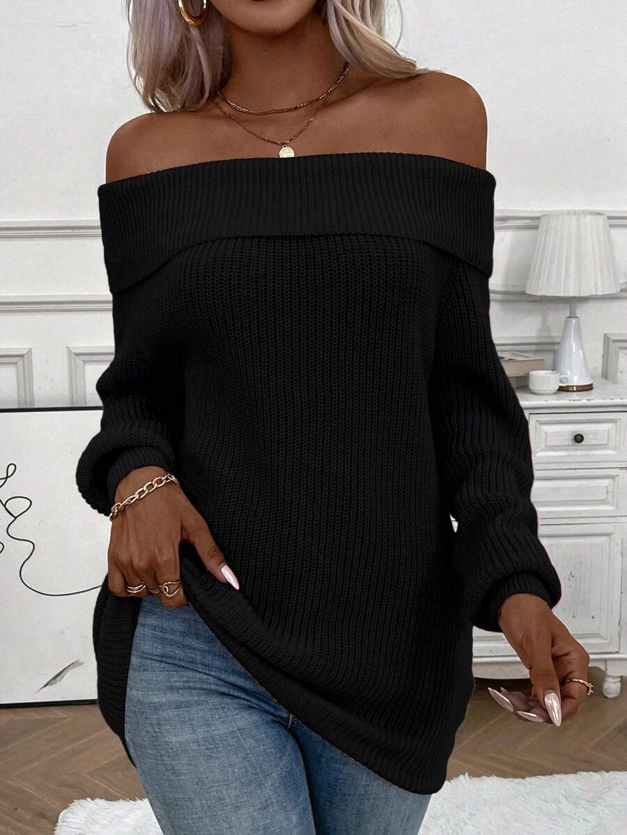 Chiquease Foldover Off Shoulder Ribbed Knit Sweater,Long Sleeve Tops Knit Pullover Fall Winter Outfit - Black - View 1
