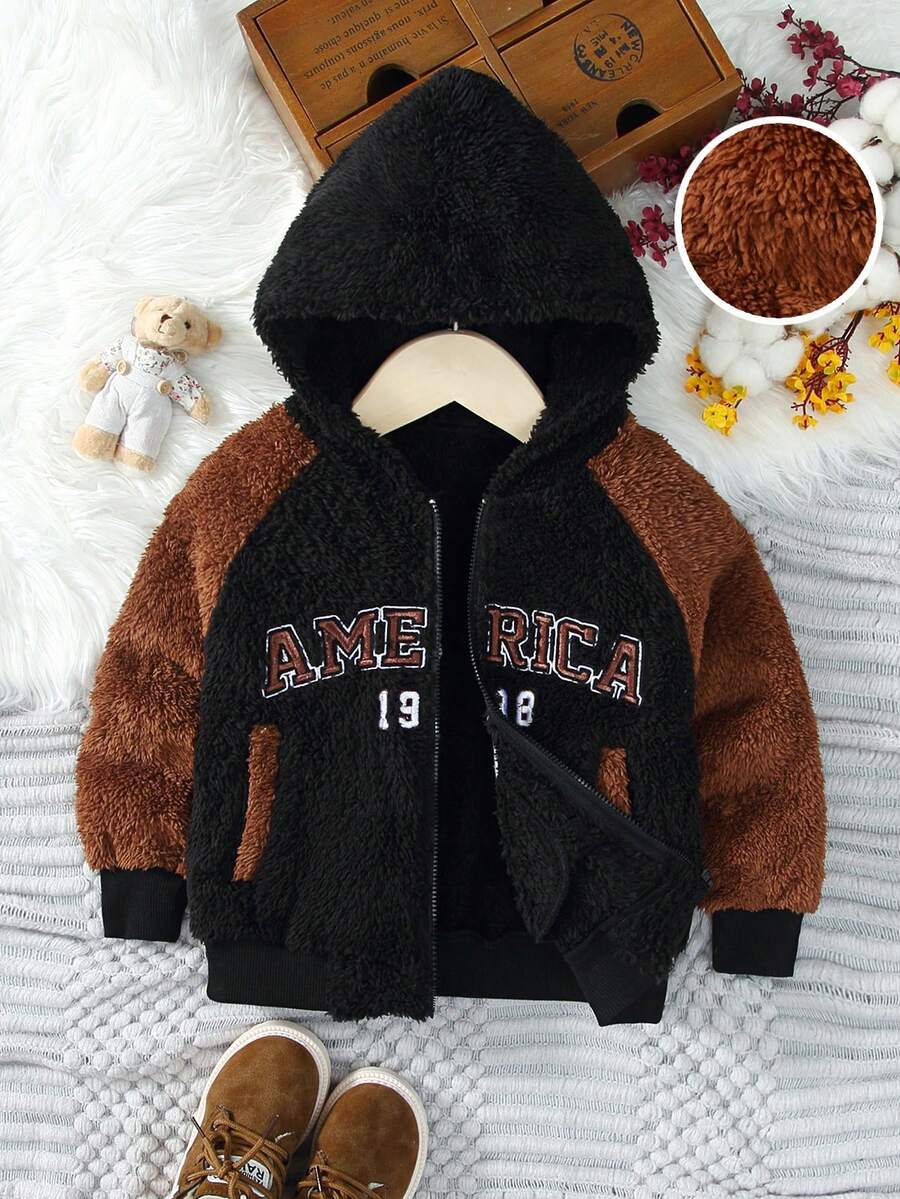 SHEIN 男小童字母刺繡插肩袖連帽毛絨夾克無毛衣 - 彩色 - 查看 1