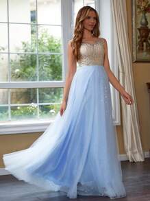 Contrast Sequin Mesh Prom Dress Prom Dresses For Women - Baby Blue - View 5