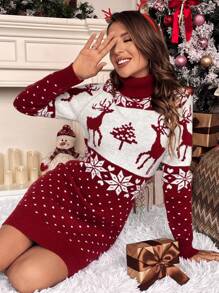 SHEIN Frenchy 秋冬圣诞图案高领毛衣裙 - 酒紅色 - 查看 1