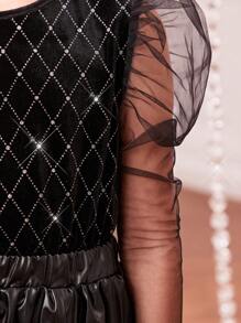 女大童網紗拼接羊腿袖金屬亮絲T恤&百褶半身裙 - 黑色 - 查看 5