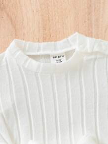 SHEIN 寶寶女孩休閒慵懶時尚舒適長袖鬆緊上衣和褲子套裝，包括腰帶，適用於秋冬季節 - 白色 - 查看 3