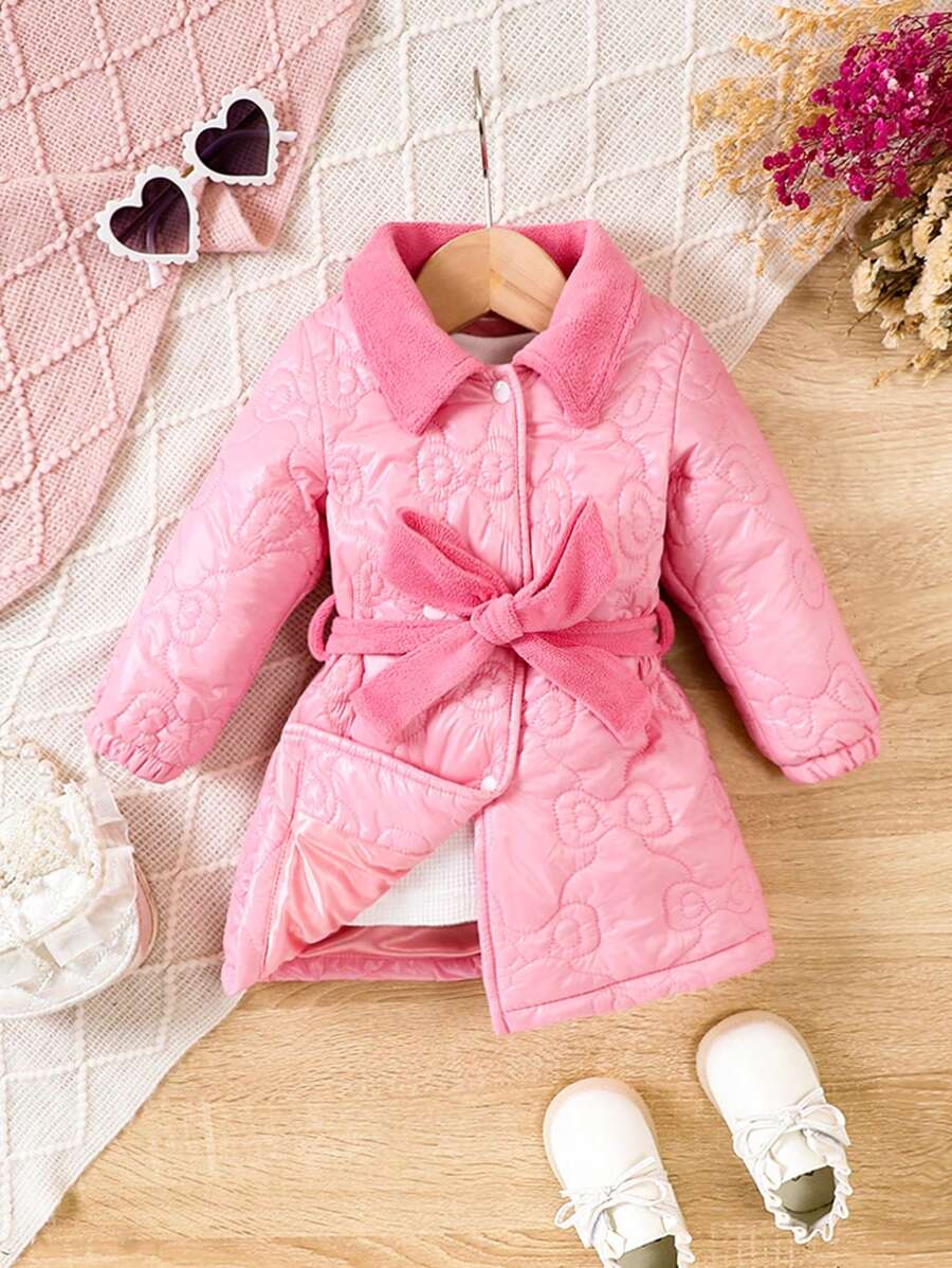 Baby Girl 1pc Floral Jacquard Belted Dress - Pink - View 1