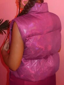 Slaydiva 拉鏈開襟羽絨背心大衣 - 玫紅色 - 查看 2