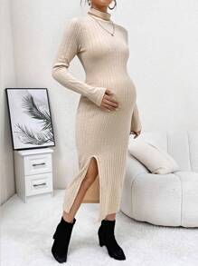 SHEIN Thai sản Gân đan Tách đùi Đầm - Màu Khaki - Xem 1