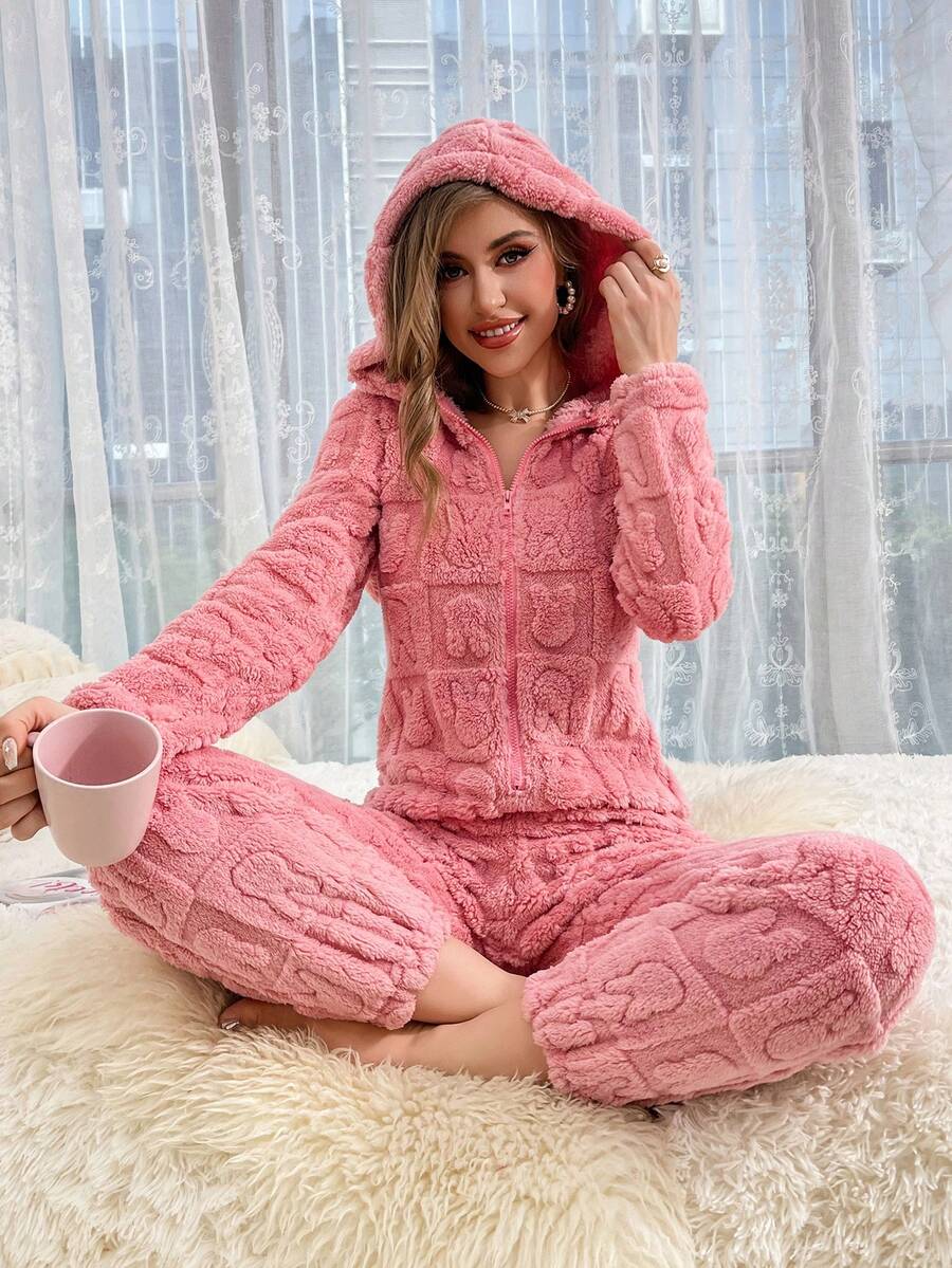 Cartoon Pattern Hooded Zipper Flannel Lounge Jumpsuit - Pink - View 1