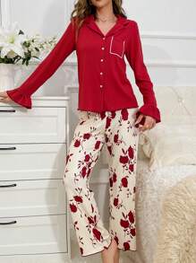 撞色滚边口袋贴布衬衫和花卉印花裤睡衣套装/睡衣套装 - 紅色 - 查看 3