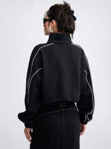 DAZY Contrast Piping Half Zip Drop Shoulder Crop Sweatshirt - Black - View 8