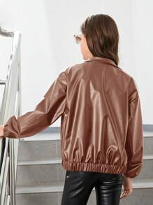 SHEIN Tween Girl Flap Pocket Drop Shoulder PU Leather Jacket - Rust Brown - View 2