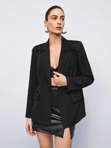 Maija 亮片拼接單釦西裝外套 - 黑色 - 查看 5