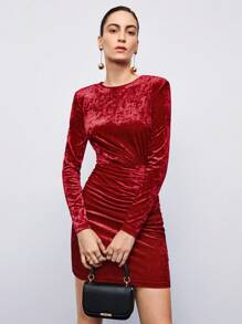 Maija 素色抽褶細節絲絨緊身洋裝 - 紅色 - 查看 1