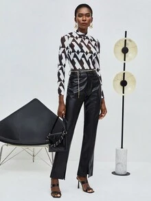 Maija Geo Print Mock Neck Mesh Top - Black and White - View 6