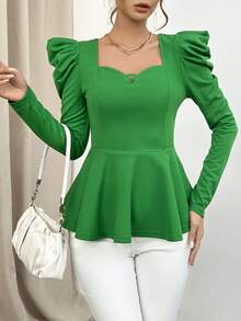 SHEIN Privé Cổ Trái tim Tay áo Xoay eo Áo thun - Màu xanh lam - Xem 6