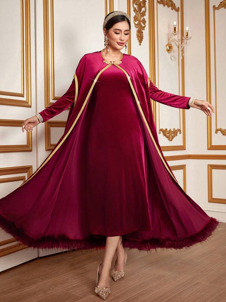 Burgundy Red Contrast Trim Open Front Coat & Dress Fall Cloth For Women