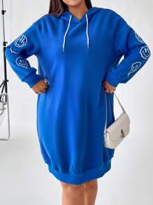 Flirla Hơn Đồ họa Hoạt hình Thả vai Dây rút Đàm áo cánh có mũ - Màu xanh lam - Xem 4