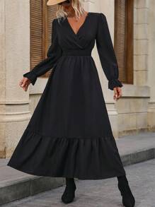 SHEIN Clasi Vestido de cuello cruzado de manga amplia bajo con fruncido - Negro - Ver 6