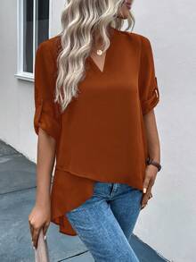 EMERY ROSE Roll Tab Sleeve Asymmetrical Hem Blouse - Brown - View 3