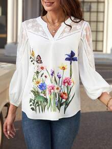 SHEIN Clasi Floral Print Contrast Mesh Lantern Sleeve Blouse - White - View 4