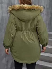 SHEIN LUNE Plus Drawstring Waist Fuzzy Trim Hooded Parka Coat - Army Green - View 2