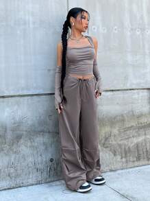 SHEIN EZwear Solid Crop Tank Top With Arm Sleeves & Drawstring Waist Pants - Grey - View 3