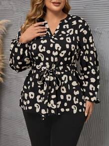 SHEIN LUNE Plus Leopard Print Lantern Sleeve Belted Blouse - Multicolor - View 6