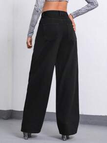 SHEIN Essnce 素色闊腿牛仔褲 - 黑色 - 查看 2