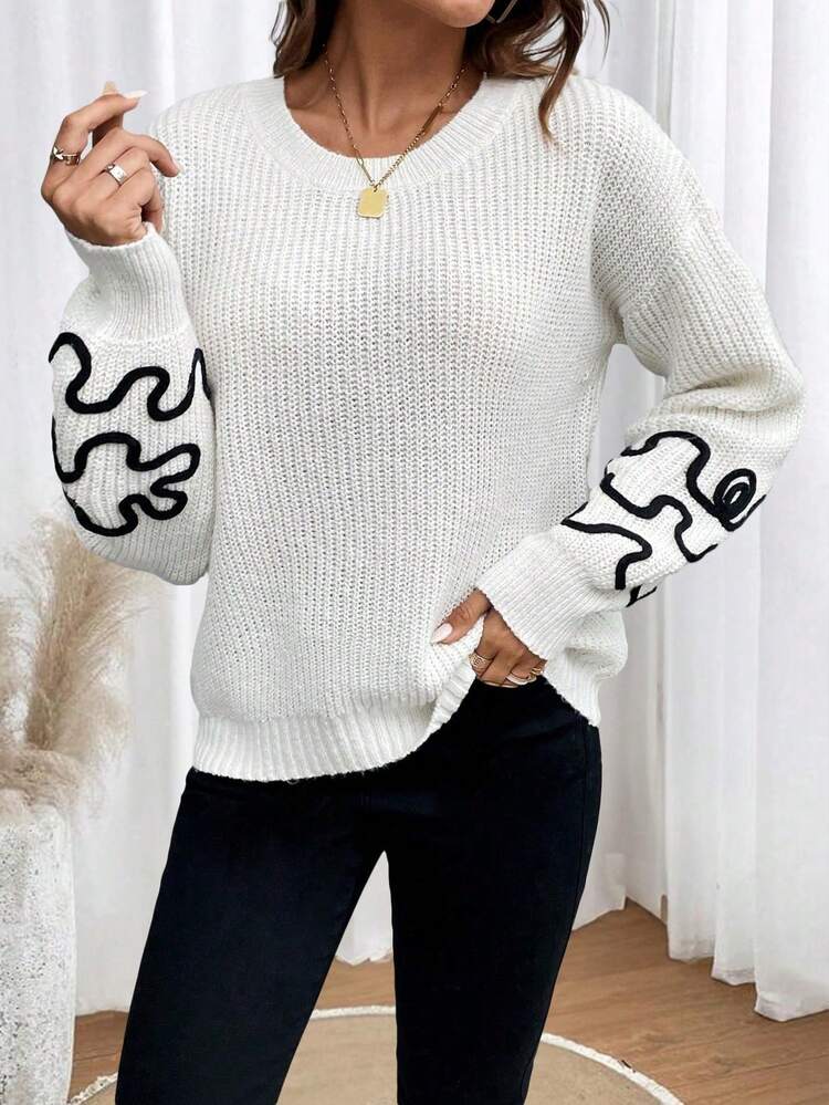 Graphic Pattern Drop Shoulder Knit Pullover Fall Winter Sweater